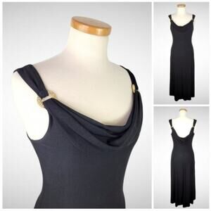 90s ALEX EVENINGS Black Goddess Style Cocktail Dress Cowl Front Back Rhinestone